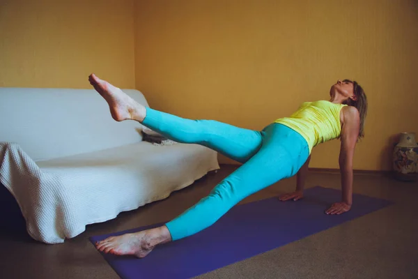 Adult Beautiful European Woman Practicing Home Yoga Series Yoga Poses — Stock Photo, Image