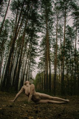 Çevresel kavram, güzel, çıplak, savunmasız genç bir kadın çam ormanında yolda uzanıyor, doğa ve insan arasındaki bağlantı, gezegene saygı..