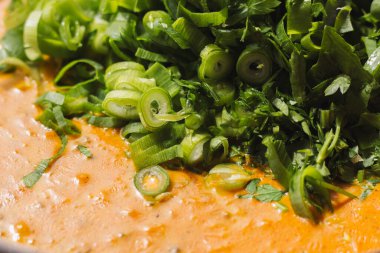 Metal bir tavada Shahi paneer sosu: domates soslu geleneksel bir Hint paneer peyniri tabağı. Ve bir sürü yeşillik. Üst görünüm kapat