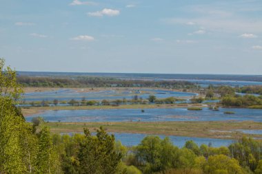 Nehir taşkınının havadan görüntüsü. Sel basmış güzel çayır. Ukrayna 'nın Chernihiv Oblastı' ndaki Ulusal Doğa Parkı 'nda nehir suyla doluyken güzel Desna nehrinin üzerinde uçmak.