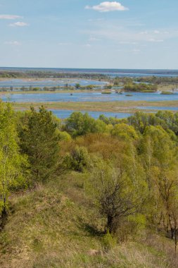 Nehir taşkınının havadan görüntüsü. Sel basmış güzel çayır. Ukrayna 'nın Chernihiv Oblastı' ndaki Ulusal Doğa Parkı 'nda nehir suyla doluyken güzel Desna nehrinin üzerinde uçmak.