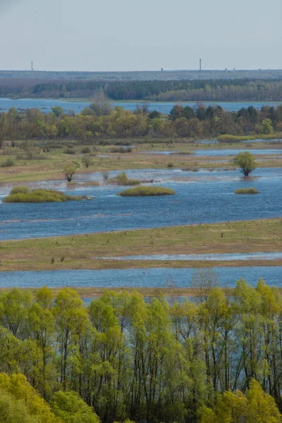 从空中俯瞰河水泛滥 美丽的被水淹没的草地春天 在乌克兰切尔尼赫夫州的国家自然公园 在美丽的德斯纳河上飞驰 河水充满了水 — 图库照片