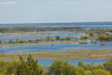 Nehir taşkınının havadan görüntüsü. Sel basmış güzel çayır. Ukrayna 'nın Chernihiv Oblastı' ndaki Ulusal Doğa Parkı 'nda nehir suyla doluyken güzel Desna nehrinin üzerinde uçmak.