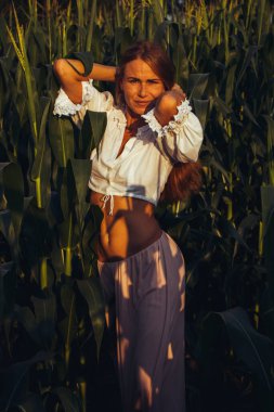 Yazın, batan güneşin ışığında, mısır tarlasında yeşil yaprakların arasında uzun kızıl saçlı güzel bir kadın..