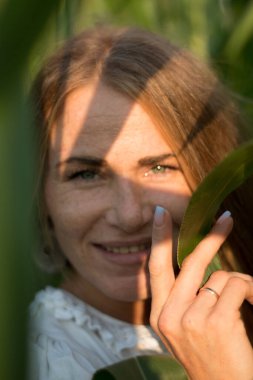 Yazın, batan güneşin ışığında, mısır tarlasında yeşil yaprakların arasında uzun kızıl saçlı güzel bir kadın..