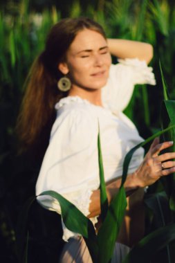 Yazın, batan güneşin ışığında, mısır tarlasında yeşil yaprakların arasında uzun kızıl saçlı güzel bir kadın..