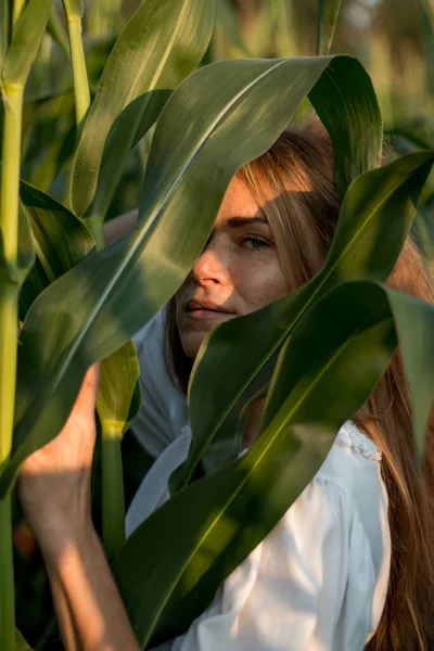 Mladá Krásná Žena Dlouhými Zrzavými Vlasy Mezi Zelenými Listy Kukuřičném — Stock fotografie