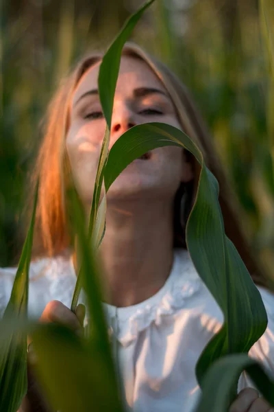 Mladá Krásná Žena Dlouhými Zrzavými Vlasy Mezi Zelenými Listy Kukuřičném — Stock fotografie