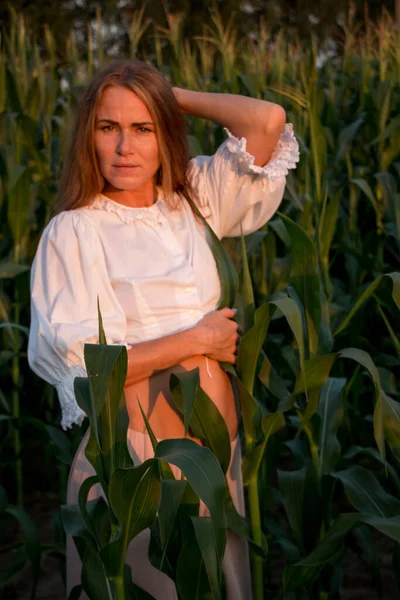 夏にはトウモロコシ畑の緑の葉の間に長い赤い髪の若い美しい女性 夕日の光の中で — ストック写真
