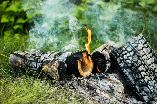 Legna Ardere Brucia Incendio Con Fumo Che Esce Falò Bei — Foto Stock