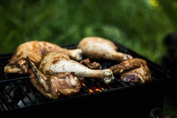 Muslo Pollo Parrilla Una Parrilla Fuego Cocinar Comida Fuego Abierto — Foto de Stock