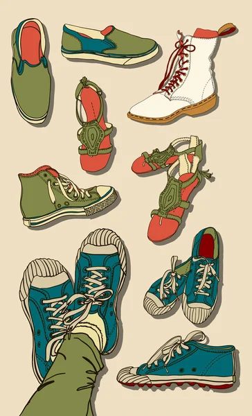 Juego de ilustración de zapatos de dibujos animados hipster — Vector de stock