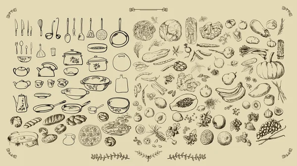 Handbemaltes Gemüse, Obst, Gewürze, Kräuter — Stockvektor