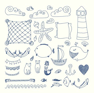 Cute retro deniz nesne kümesi