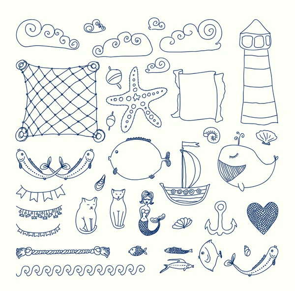 Ensemble d'objets marins rétro mignons — Image vectorielle