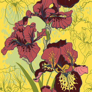 Retro renklerde dekoratif Iris çiçekler.