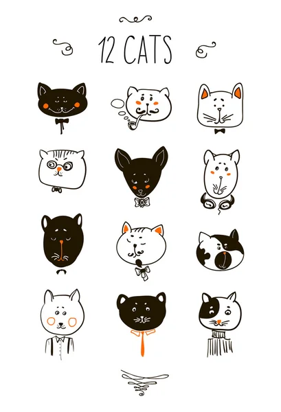 Cabezas de gatos. Ilustración vectorial facial — Vector de stock