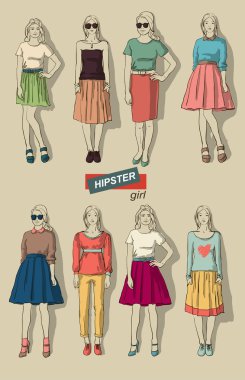 vektör çizim moda kızlar hipsters seti