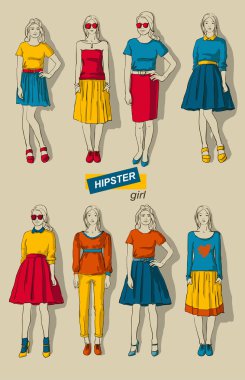 vektör çizim moda kızlar hipsters seti