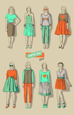 vektör çizim moda kızlar hipsters seti
