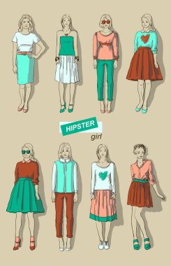 vektör çizim moda kızlar hipsters seti