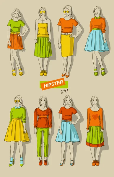 Ilustração vetorial de moda meninas hipsters conjunto — Vetor de Stock