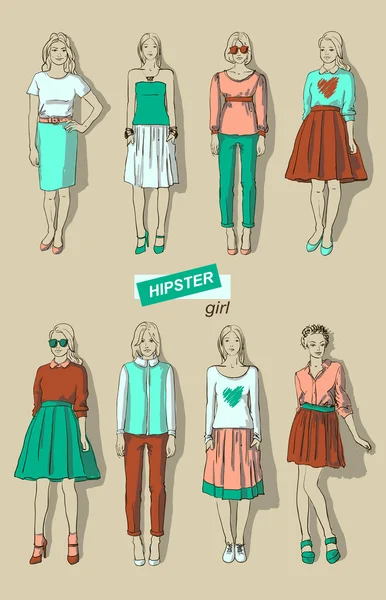 Vektoros illusztráció, divat lányok hippik készlet — Stock Vector