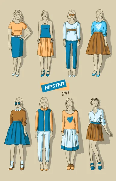 Vector ilustración de moda niñas hipsters conjunto — Archivo Imágenes Vectoriales