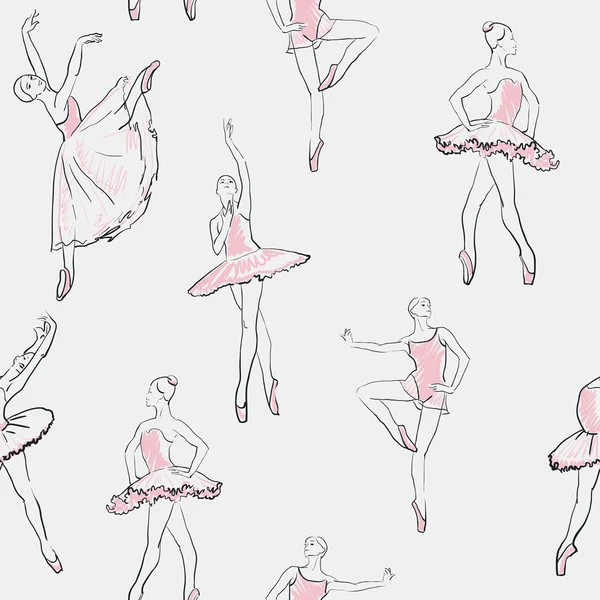 Vector sketch of girls ballerina seamless pattern — Stock Vector