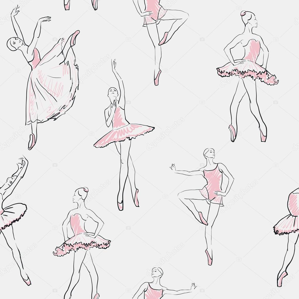 vector sketch of girls ballerina seamless pattern