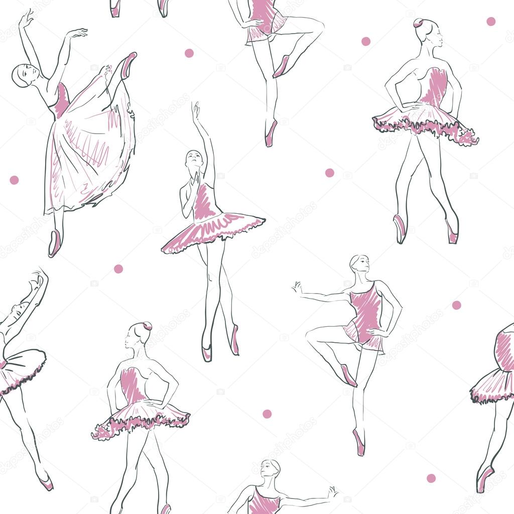 vector sketch of girls ballerina seamless pattern