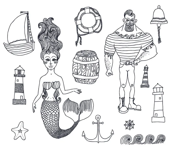 Ensemble avec marin, phare, sirène, navire et autre . — Image vectorielle