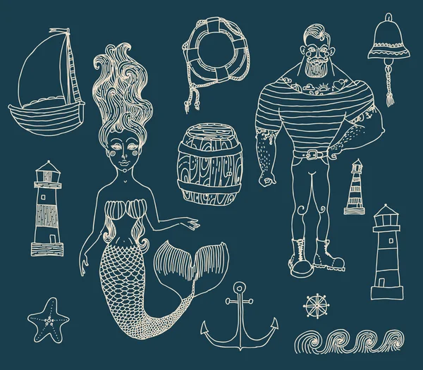 Set with sailor, lighthouse, mermaid, ship and other. — Stock Vector