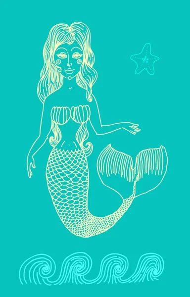 Mermaid with long curly hair. — Stock Vector