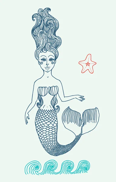 Sirena con pelo rizado largo . — Vector de stock