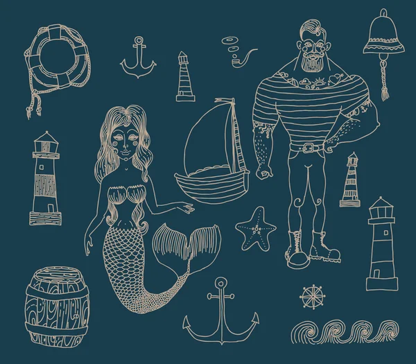 水手，灯塔，美人鱼船 — 图库矢量图片