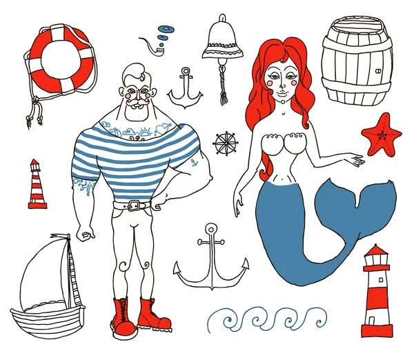 Sailor, lighthouse, mermaid, ship — Stock Vector