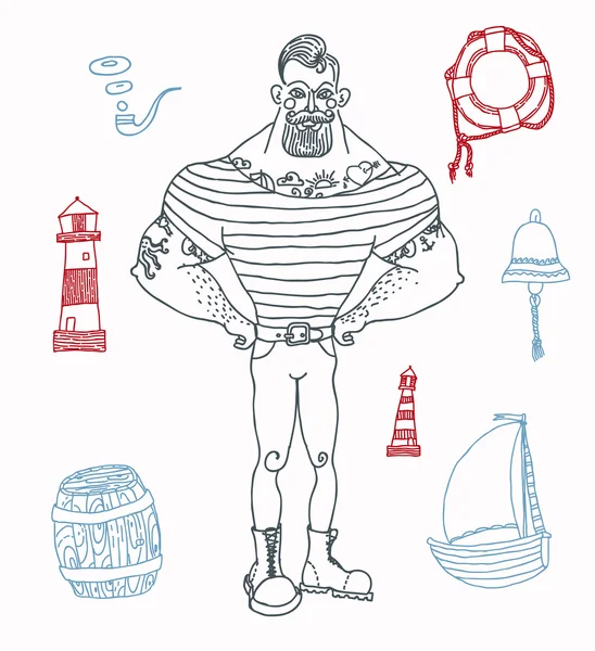 肖像的胡子和纹身的水手，设置 — 图库矢量图片