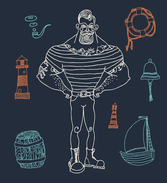 肖像的胡子和纹身的水手，设置 — 图库矢量图片