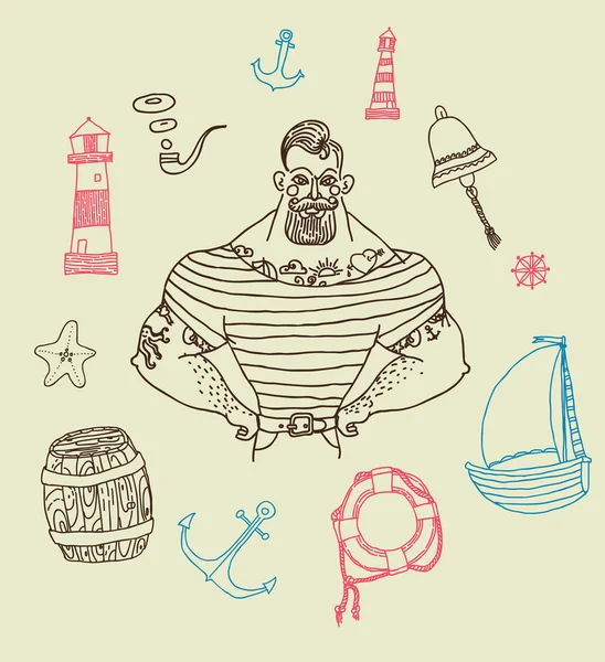 Bearded and tattooed sailor — Stock Vector