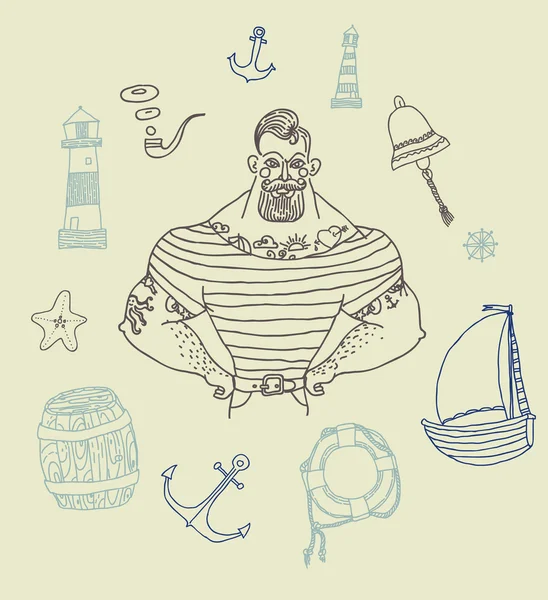 Bearded and tattooed sailor — Stock Vector