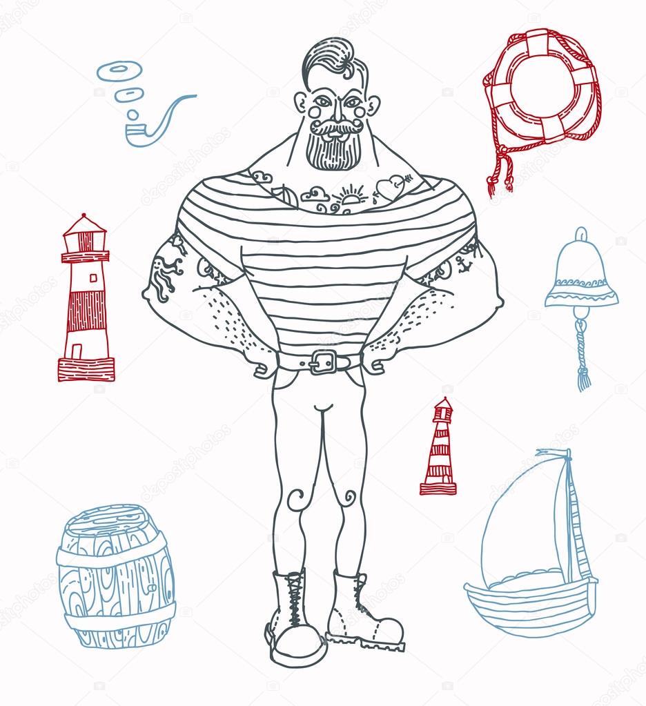 portrait of bearded and tattooed sailor, set