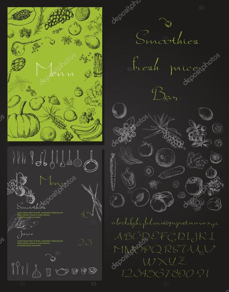 Smoothie with fruits, vegetables and berries. Smoothies and fresh juices colorful bar menu, vector illustration
