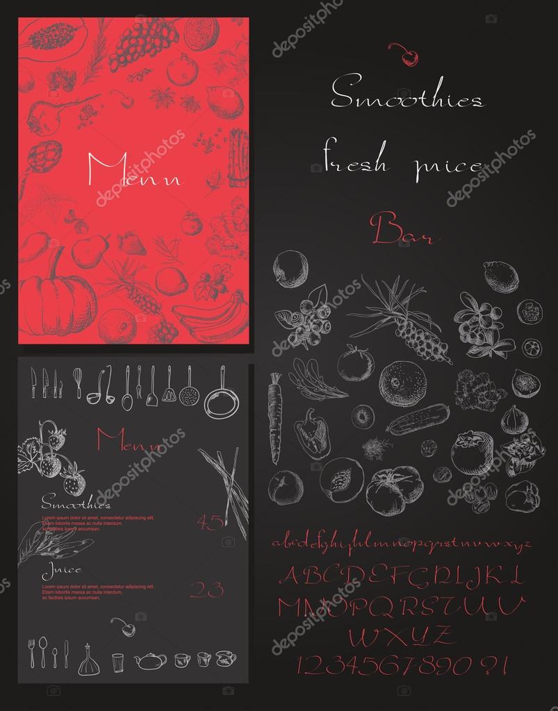 Smoothie with fruits, vegetables and berries. Smoothies and fresh juices colorful bar menu, vector illustration