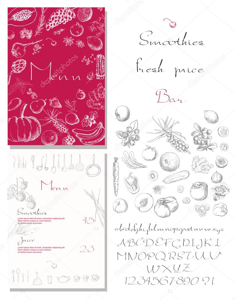 Smoothie with fruits, vegetables and berries. Smoothies and fresh juices colorful bar menu, vector illustration