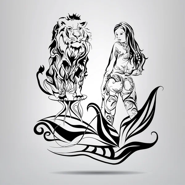 Chica con un domador de leones — Vector de stock