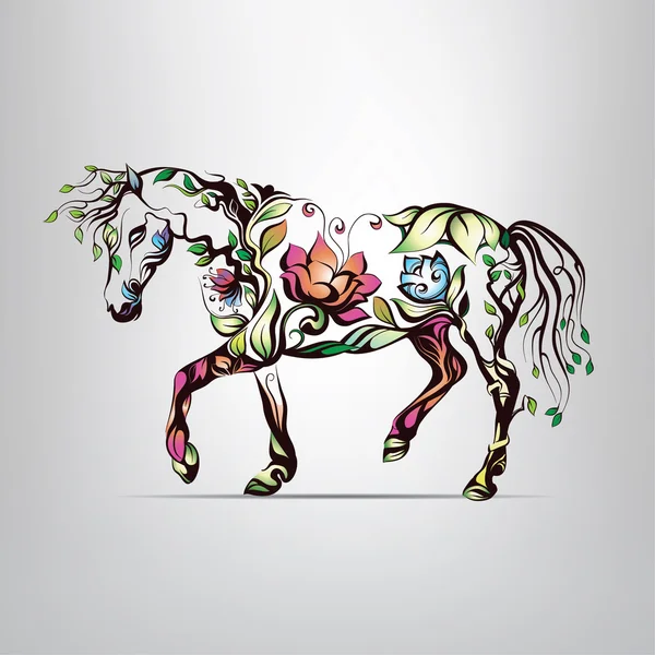 Silueta de caballo de adorno floral — Vector de stock