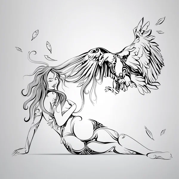Chica con águila en ornamento — Vector de stock