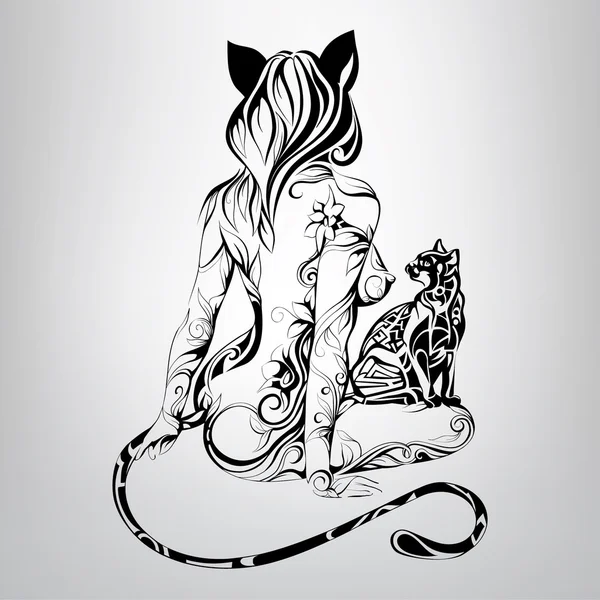 Silhouette de chat fille avec chat — Image vectorielle