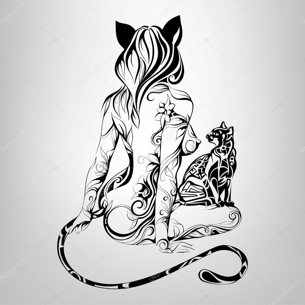 Silhouette of girl cat with  cat